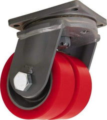 Hamilton - 10" Diam x 4" Wide x 13" OAH Top Plate Mount Dual Swivel Caster - Polyurethane Mold on Forged Steel, 12,000 Lb Capacity, Tapered Roller Bearing, 8-1/2 x 8-1/2" Plate - Apex Tool & Supply