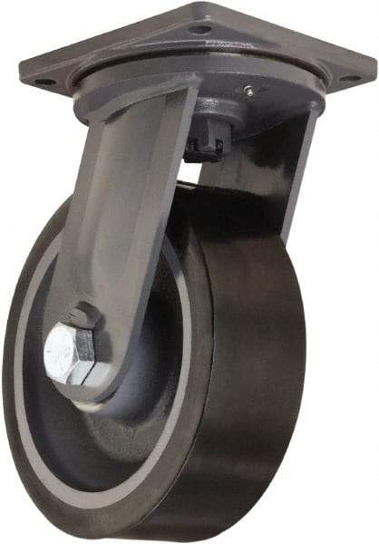 Hamilton - 12" Diam x 4" Wide x 15-1/2" OAH Top Plate Mount Swivel Caster - Polyurethane Mold on Forged Steel, 7,800 Lb Capacity, Tapered Roller Bearing, 8-1/2 x 8-1/2" Plate - Apex Tool & Supply