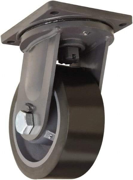 Hamilton - 10" Diam x 4" Wide x 13" OAH Top Plate Mount Swivel Caster - Polyurethane Mold on Forged Steel, 6,500 Lb Capacity, Tapered Roller Bearing, 8-1/2 x 8-1/2" Plate - Apex Tool & Supply