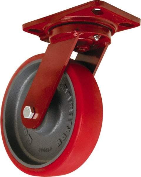 Hamilton - 8" Diam x 2" Wide x 9-3/4" OAH Top Plate Mount Swivel Caster - Polyurethane Mold onto Cast Iron Center, 1,800 Lb Capacity, Tapered Roller Bearing, 4-1/2 x 6-1/2" Plate - Apex Tool & Supply
