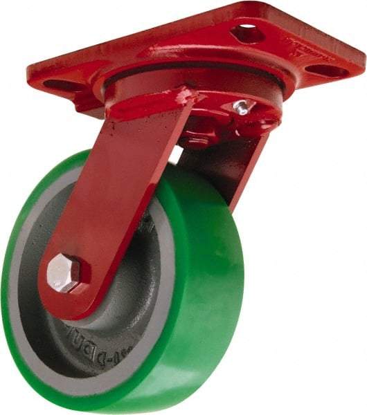 Hamilton - 6" Diam x 2" Wide x 7-3/4" OAH Top Plate Mount Swivel Caster - Polyurethane Mold onto Cast Iron Center, 1,200 Lb Capacity, Tapered Roller Bearing, 4-1/2 x 6-1/2" Plate - Apex Tool & Supply