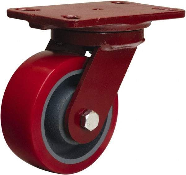 Hamilton - 5" Diam x 2" Wide x 6-3/4" OAH Top Plate Mount Swivel Caster - Polyurethane Mold on Forged Steel, 1,250 Lb Capacity, Sealed Precision Ball Bearing, 4-1/2 x 6-1/2" Plate - Apex Tool & Supply