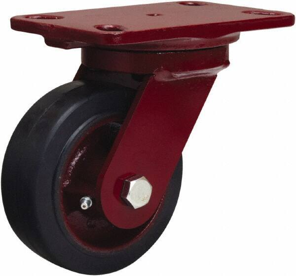 Hamilton - 5" Diam x 2" Wide x 6-3/4" OAH Top Plate Mount Swivel Caster - Rubber Mold on Cast Iron, 350 Lb Capacity, Straight Roller Bearing, 4-1/2 x 6-1/2" Plate - Apex Tool & Supply