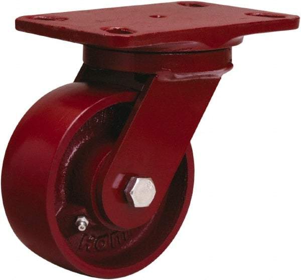 Hamilton - 5" Diam x 2" Wide x 6-3/4" OAH Top Plate Mount Swivel Caster - Cast Iron, 1,300 Lb Capacity, Sealed Precision Ball Bearing, 4-1/2 x 6-1/2" Plate - Apex Tool & Supply