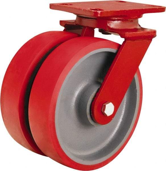Hamilton - 8" Diam x 2" Wide x 9-3/4" OAH Top Plate Mount Swivel Caster - Polyurethane Mold onto Cast Iron Center, 2,500 Lb Capacity, Tapered Roller Bearing, 4-1/2 x 6-1/2" Plate - Apex Tool & Supply
