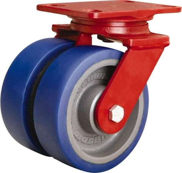 Hamilton - 6" Diam x 2" Wide x 7-3/4" OAH Top Plate Mount Swivel Caster - Polyurethane Mold onto Cast Iron Center, 1,920 Lb Capacity, Tapered Roller Bearing, 4-1/2 x 6-1/2" Plate - Apex Tool & Supply