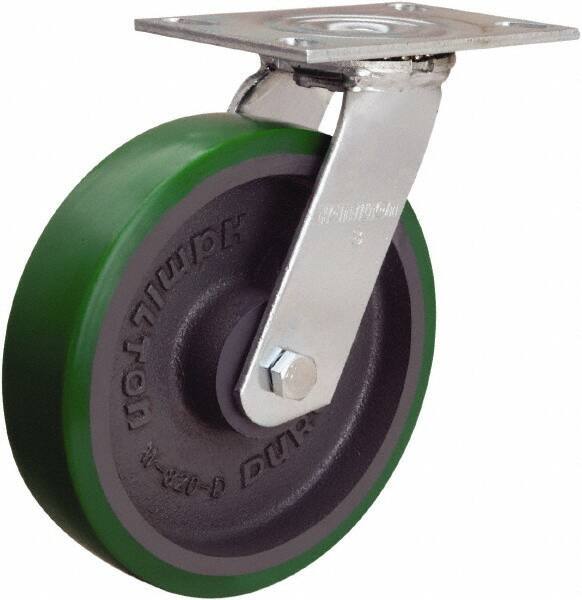 Hamilton - 8" Diam x 2" Wide x 9-1/2" OAH Top Plate Mount Swivel Caster - Polyurethane Mold onto Cast Iron Center, 900 Lb Capacity, Sealed Precision Ball Bearing, 4-1/2 x 6-1/4" Plate - Apex Tool & Supply