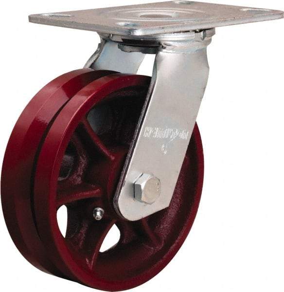 Hamilton - 6" Diam x 2" Wide, Iron Swivel Caster - 900 Lb Capacity, Top Plate Mount, 4-1/2" x 6-1/2" Plate, Straight Roller Bearing - Apex Tool & Supply