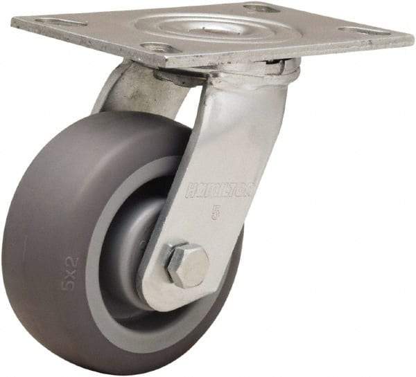 Hamilton - 5" Diam x 2" Wide x 6-1/2" OAH Top Plate Mount Swivel Caster - Rubber Mold on Polyolefin, 350 Lb Capacity, Straight Roller Bearing, 4-1/2 x 6-1/4" Plate - Apex Tool & Supply