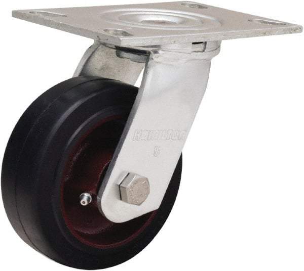 Hamilton - 5" Diam x 2" Wide x 6-1/2" OAH Top Plate Mount Swivel Caster - Rubber Mold on Cast Iron, 350 Lb Capacity, Straight Roller Bearing, 4-1/2 x 6-1/4" Plate - Apex Tool & Supply