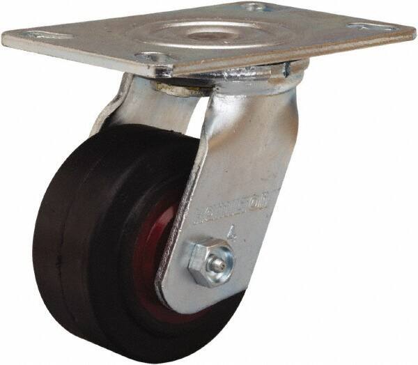 Hamilton - 4" Diam x 2" Wide x 5-5/8" OAH Top Plate Mount Swivel Caster - Rubber Mold on Cast Iron, 300 Lb Capacity, Straight Roller Bearing, 4-1/2 x 6-1/4" Plate - Apex Tool & Supply