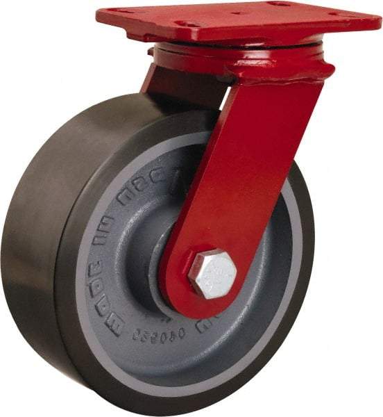 Hamilton - 8" Diam x 3" Wide x 10-1/4" OAH Top Plate Mount Swivel Caster - Polyurethane Mold onto Cast Iron Center, 2,200 Lb Capacity, Tapered Roller Bearing, 4-1/2 x 6-1/2" Plate - Apex Tool & Supply