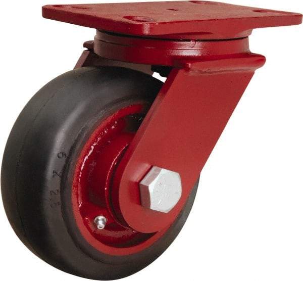 Hamilton - 6" Diam x 2-1/2" Wide x 7-1/2" OAH Top Plate Mount Swivel Caster - Rubber Mold on Cast Iron, 540 Lb Capacity, Tapered Roller Bearing, 4-1/2 x 6-1/2" Plate - Apex Tool & Supply
