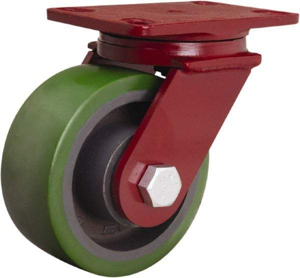 Hamilton - 6" Diam x 2-1/2" Wide x 7-1/2" OAH Top Plate Mount Swivel Caster - Polyurethane Mold onto Cast Iron Center, 1,600 Lb Capacity, Tapered Roller Bearing, 4-1/2 x 6-1/2" Plate - Apex Tool & Supply