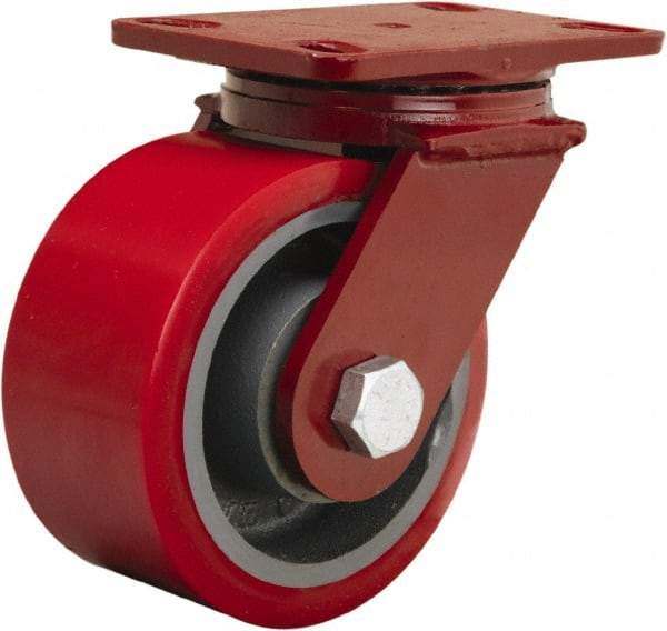 Hamilton - 6" Diam x 3" Wide x 7-1/2" OAH Top Plate Mount Swivel Caster - Polyurethane Mold onto Cast Iron Center, 2,200 Lb Capacity, Sealed Precision Ball Bearing, 4-1/2 x 6-1/2" Plate - Apex Tool & Supply