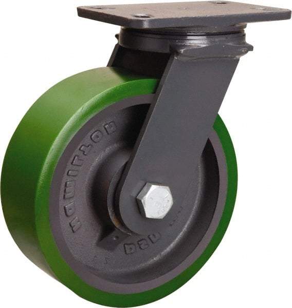 Hamilton - 8" Diam x 3" Wide x 10-1/4" OAH Top Plate Mount Swivel Caster - Polyurethane Mold onto Cast Iron Center, 2,400 Lb Capacity, Sealed Precision Ball Bearing, 4-1/2 x 6-1/2" Plate - Apex Tool & Supply