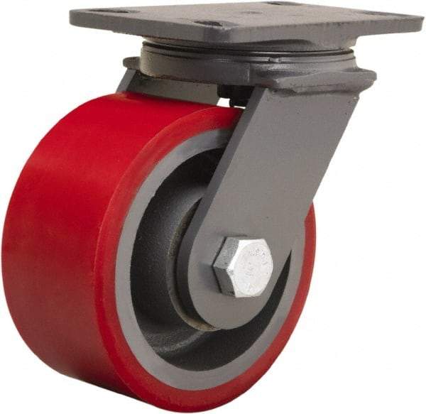 Hamilton - 6" Diam x 3" Wide x 7-3/4" OAH Top Plate Mount Swivel Caster - Polyurethane Mold onto Cast Iron Center, 2,400 Lb Capacity, Sealed Precision Ball Bearing, 4-1/2 x 6-1/2" Plate - Apex Tool & Supply