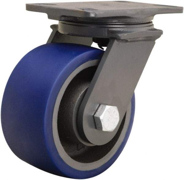 Hamilton - 6" Diam x 3" Wide x 7-3/4" OAH Top Plate Mount Swivel Caster - Polyurethane Mold onto Cast Iron Center, 1,800 Lb Capacity, Sealed Precision Ball Bearing, 4-1/2 x 6-1/2" Plate - Apex Tool & Supply