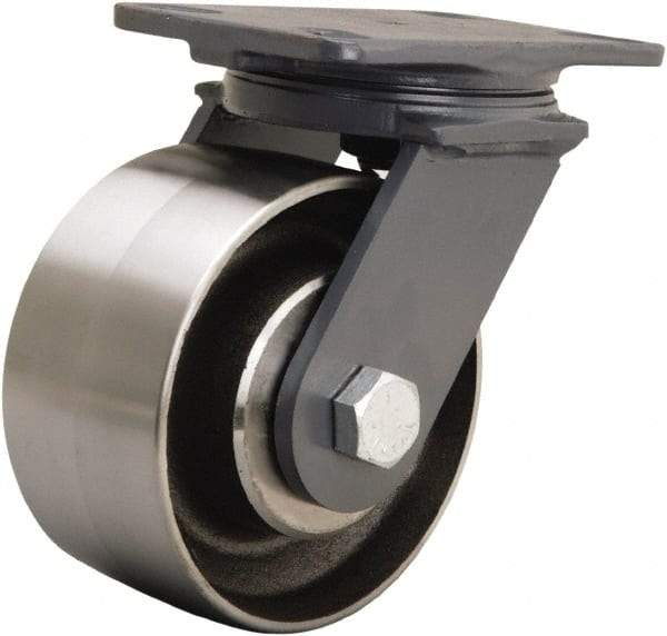Hamilton - 6" Diam x 3" Wide x 7-3/4" OAH Top Plate Mount Swivel Caster - Forged Steel, 2,400 Lb Capacity, Tapered Roller Bearing, 4-1/2 x 6-1/2" Plate - Apex Tool & Supply