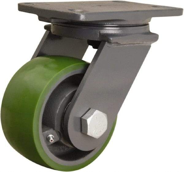 Hamilton - 5" Diam x 2-1/2" Wide x 7-1/4" OAH Top Plate Mount Swivel Caster - Polyurethane Mold onto Cast Iron Center, 1,300 Lb Capacity, Straight Roller Bearing, 4-1/2 x 6-1/2" Plate - Apex Tool & Supply