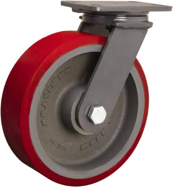 Hamilton - 10" Diam x 3" Wide x 12-1/16" OAH Top Plate Mount Swivel Caster - Polyurethane Mold onto Cast Iron Center, 2,400 Lb Capacity, Tapered Roller Bearing, 4-1/2 x 6-1/2" Plate - Apex Tool & Supply