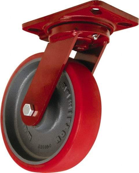 Hamilton - 8" Diam x 2" Wide x 9-3/4" OAH Top Plate Mount Swivel Caster - Polyurethane Mold onto Cast Iron Center, 1,800 Lb Capacity, Tapered Roller Bearing, 4-1/2 x 6-1/2" Plate - Apex Tool & Supply