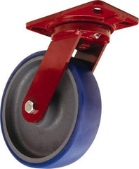 Hamilton - 8" Diam x 2" Wide x 9-3/4" OAH Top Plate Mount Swivel Caster - Polyurethane Mold onto Cast Iron Center, 1,200 Lb Capacity, Tapered Roller Bearing, 4-1/2 x 6-1/2" Plate - Apex Tool & Supply