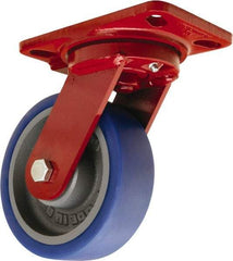 Hamilton - 6" Diam x 2" Wide x 7-3/4" OAH Top Plate Mount Swivel Caster - Polyurethane Mold onto Cast Iron Center, 960 Lb Capacity, Tapered Roller Bearing, 4-1/2 x 6-1/2" Plate - Apex Tool & Supply
