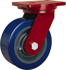 Hamilton - 8" Diam x 3" Wide x 10-1/2" OAH Top Plate Mount Swivel Caster - Polyurethane Mold on Forged Steel, 3,500 Lb Capacity, Tapered Roller Bearing, 6-1/8 x 7-1/2" Plate - Apex Tool & Supply