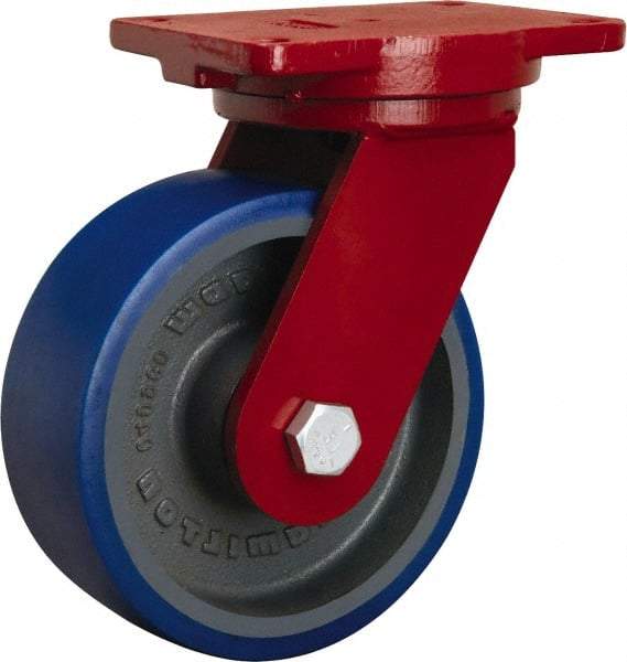Hamilton - 8" Diam x 3" Wide x 10-1/2" OAH Top Plate Mount Swivel Caster - Polyurethane Mold onto Cast Iron Center, 2,000 Lb Capacity, Precision Tapered Roller Bearing, 6-1/8 x 7-1/2" Plate - Apex Tool & Supply