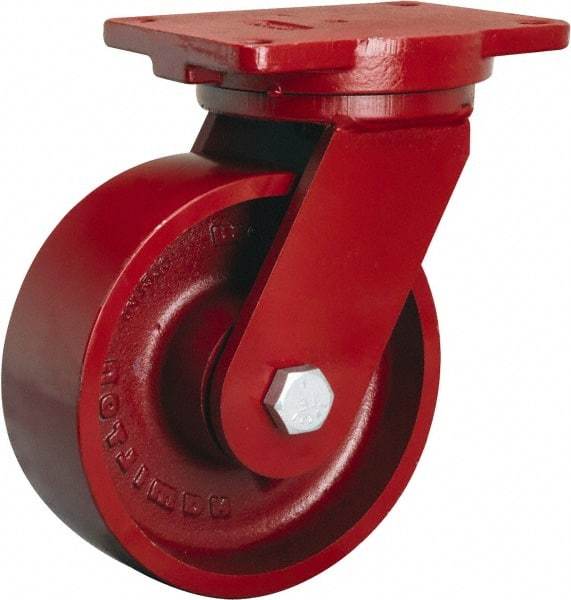 Hamilton - 8" Diam x 3" Wide x 10-1/2" OAH Top Plate Mount Swivel Caster - Cast Iron, 2,600 Lb Capacity, Tapered Roller Bearing, 6-1/8 x 7-1/2" Plate - Apex Tool & Supply
