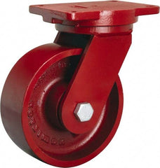 Hamilton - 8" Diam x 3" Wide x 10-1/2" OAH Top Plate Mount Swivel Caster - Cast Iron, 2,600 Lb Capacity, Tapered Roller Bearing, 6-1/8 x 7-1/2" Plate - Apex Tool & Supply