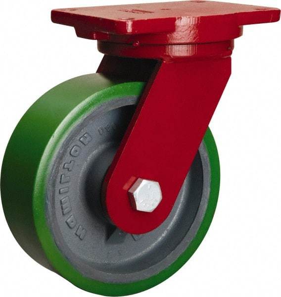 Hamilton - 8" Diam x 3" Wide x 10-1/2" OAH Top Plate Mount Swivel Caster - Polyurethane Mold onto Cast Iron Center, 2,500 Lb Capacity, Sealed Precision Ball Bearing, 6-1/8 x 7-1/2" Plate - Apex Tool & Supply