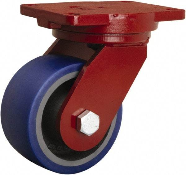Hamilton - 6" Diam x 3" Wide x 8-1/2" OAH Top Plate Mount Swivel Caster - Polyurethane Mold onto Cast Iron Center, 1,800 Lb Capacity, Sealed Precision Ball Bearing, 6-1/8 x 7-1/2" Plate - Apex Tool & Supply
