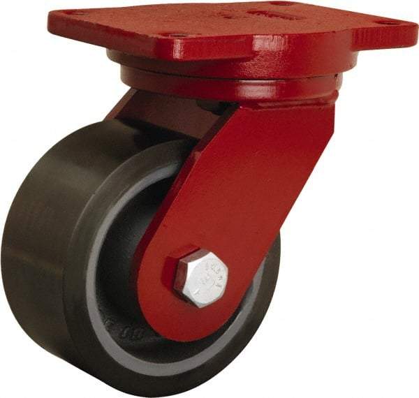 Hamilton - 6" Diam x 3" Wide x 8-1/2" OAH Top Plate Mount Swivel Caster - Polyurethane Mold onto Cast Iron Center, 2,860 Lb Capacity, Tapered Roller Bearing, 6-1/8 x 7-1/2" Plate - Apex Tool & Supply