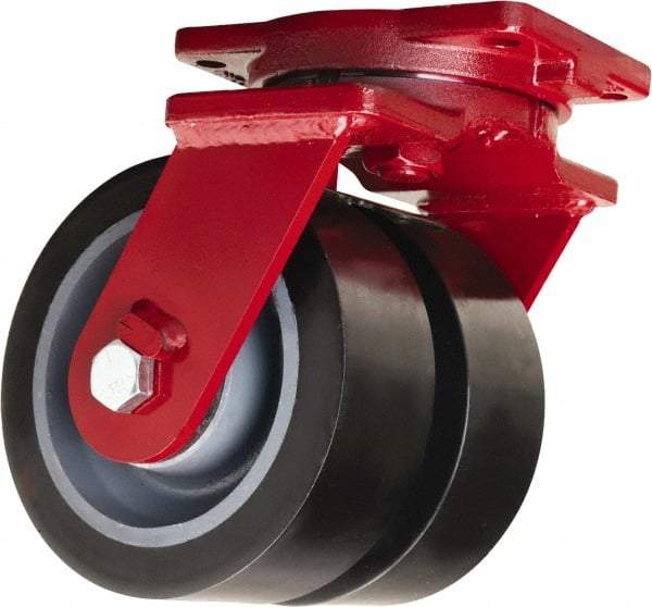 Hamilton - 8" Diam x 3" Wide x 10-1/2" OAH Top Plate Mount Dual Swivel Caster - Polyurethane Mold on Forged Steel, 7,000 Lb Capacity, Tapered Roller Bearing, 6-1/8 x 7-1/2" Plate - Apex Tool & Supply