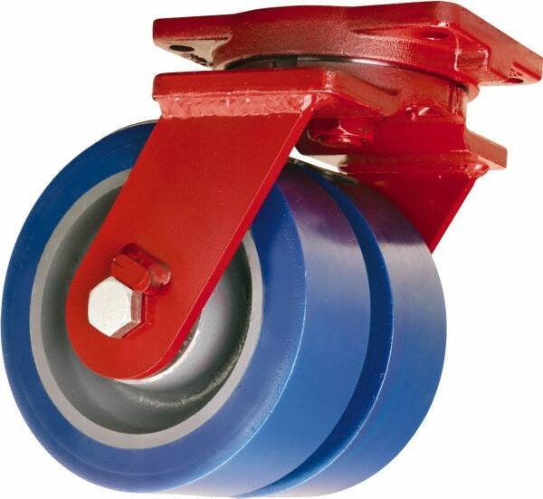 Hamilton - 8" Diam x 3" Wide x 10-1/2" OAH Top Plate Mount Dual Swivel Caster - Polyurethane Mold on Forged Steel, 7,000 Lb Capacity, Tapered Roller Bearing, 6-1/8 x 7-1/2" Plate - Apex Tool & Supply