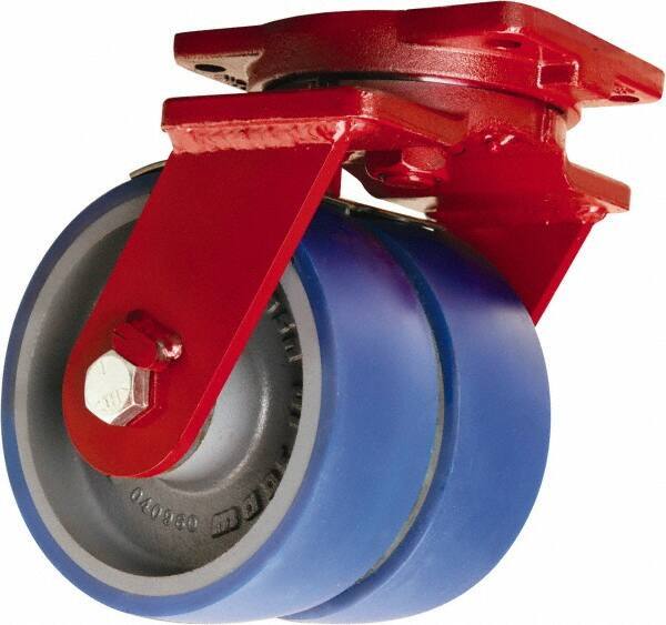 Hamilton - 12" Diam x 3" Wide x 14-1/2" OAH Top Plate Mount Dual Swivel Caster - Polyurethane Mold onto Cast Iron Center, 4,000 Lb Capacity, Sealed Precision Ball Bearing, 6-1/8 x 7-1/2" Plate - Apex Tool & Supply