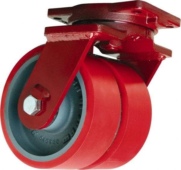 Hamilton - 10" Diam x 3" Wide x 12-1/2" OAH Top Plate Mount Dual Swivel Caster - Polyurethane Mold on Forged Steel, 7,000 Lb Capacity, Tapered Roller Bearing, 6-1/8 x 7-1/2" Plate - Apex Tool & Supply