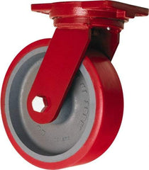 Hamilton - 10" Diam x 3" Wide x 12-1/2" OAH Top Plate Mount Swivel Caster - Polyurethane Mold on Forged Steel, 3,600 Lb Capacity, Sealed Precision Ball Bearing, 6-1/8 x 7-1/2" Plate - Apex Tool & Supply