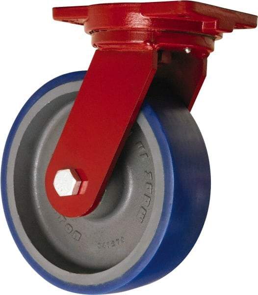 Hamilton - 10" Diam x 3" Wide x 12-1/2" OAH Top Plate Mount Swivel Caster - Polyurethane Mold onto Cast Iron Center, 2,400 Lb Capacity, Precision Tapered Roller Bearing, 6-1/8 x 7-1/2" Plate - Apex Tool & Supply