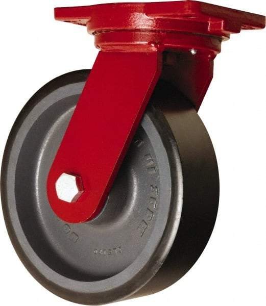 Hamilton - 10" Diam x 3" Wide x 12-1/2" OAH Top Plate Mount Swivel Caster - Polyurethane Mold onto Cast Iron Center, 3,900 Lb Capacity, Tapered Roller Bearing, 6-1/8 x 7-1/2" Plate - Apex Tool & Supply
