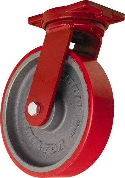 Hamilton - 12" Diam x 3" Wide x 14-1/2" OAH Top Plate Mount Swivel Caster - Polyurethane Mold on Forged Steel, 4,200 Lb Capacity, Sealed Precision Ball Bearing, 6-1/8 x 7-1/2" Plate - Apex Tool & Supply