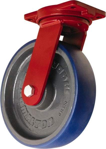 Hamilton - 12" Diam x 3" Wide x 14-1/2" OAH Top Plate Mount Swivel Caster - Polyurethane Mold onto Cast Iron Center, 2,800 Lb Capacity, Precision Tapered Roller Bearing, 6-1/8 x 7-1/2" Plate - Apex Tool & Supply