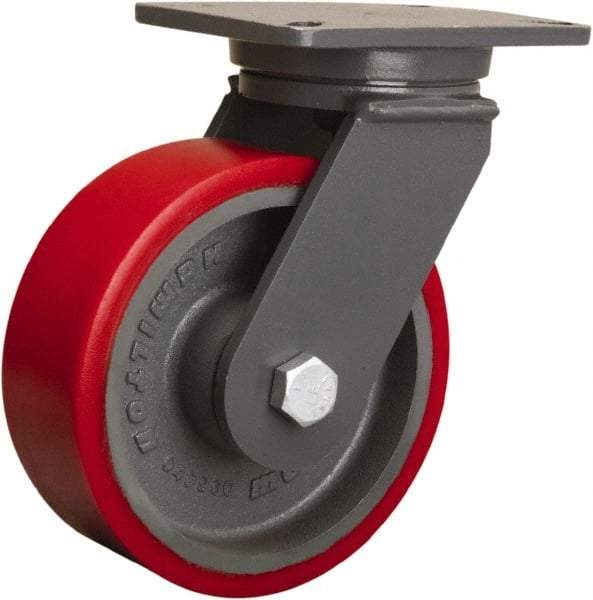 Hamilton - 8" Diam x 3" Wide x 10-1/2" OAH Top Plate Mount Swivel Caster - Polyurethane Mold onto Cast Iron Center, 4,000 Lb Capacity, Tapered Roller Bearing, 5-1/4 x 7-1/4" Plate - Apex Tool & Supply