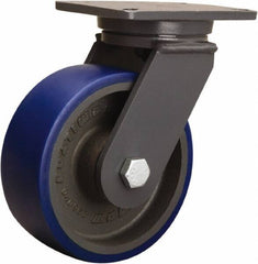 Hamilton - 8" Diam x 3" Wide x 10-1/2" OAH Top Plate Mount Swivel Caster - Polyurethane Mold onto Cast Iron Center, 2,000 Lb Capacity, Tapered Roller Bearing, 5-1/4 x 7-1/4" Plate - Apex Tool & Supply