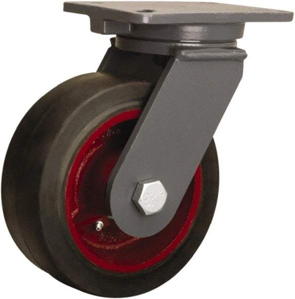 Hamilton - 8" Diam x 3" Wide x 10-1/2" OAH Top Plate Mount Swivel Caster - Rubber Mold on Cast Iron, 840 Lb Capacity, Straight Roller Bearing, 5-1/4 x 7-1/4" Plate - Apex Tool & Supply