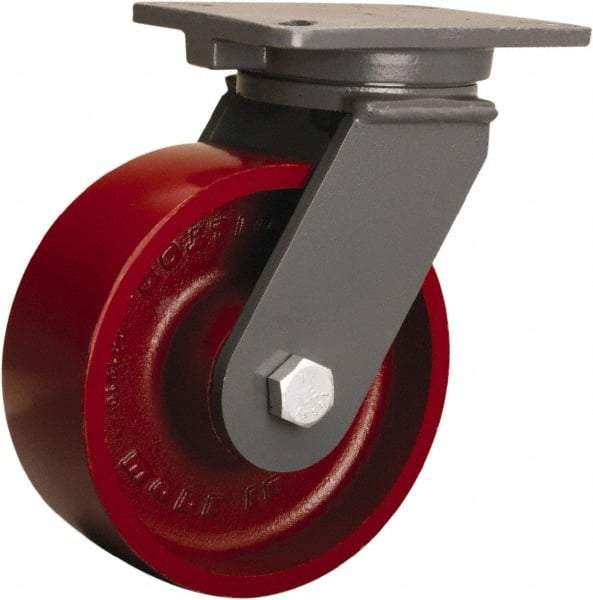 Hamilton - 8" Diam x 3" Wide x 10-1/2" OAH Top Plate Mount Swivel Caster - Cast Iron, 2,600 Lb Capacity, Precision Ball Bearing, 5-1/4 x 7-1/4" Plate - Apex Tool & Supply