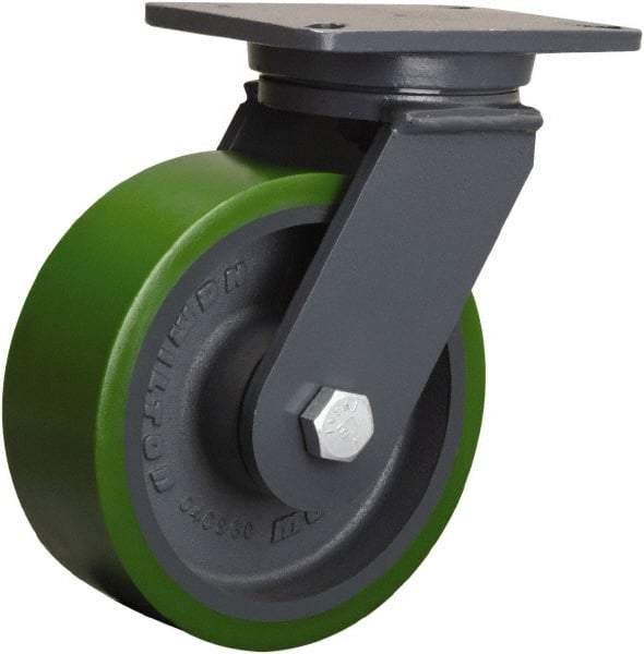 Hamilton - 8" Diam x 3" Wide x 10-1/2" OAH Top Plate Mount Swivel Caster - Polyurethane Mold onto Cast Iron Center, 2,500 Lb Capacity, Tapered Roller Bearing, 5-1/4 x 7-1/4" Plate - Apex Tool & Supply