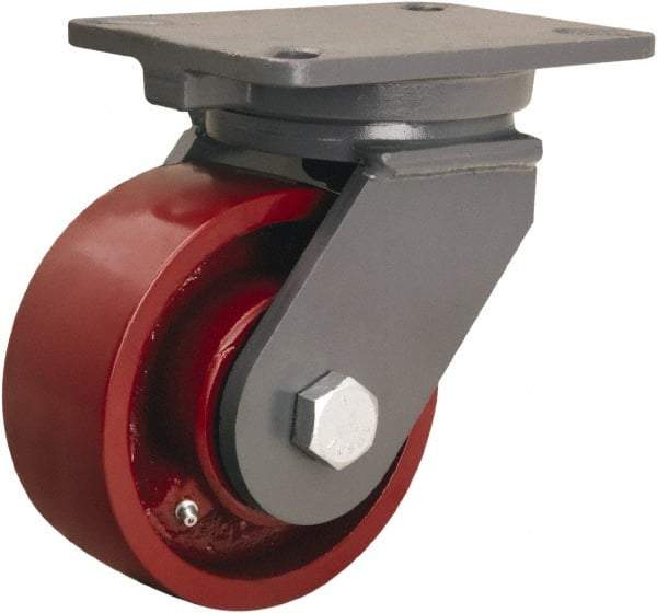 Hamilton - 6" Diam x 2-1/2" Wide x 8" OAH Top Plate Mount Swivel Caster - Cast Iron, 2,200 Lb Capacity, Tapered Roller Bearing, 5-1/4 x 7-1/4" Plate - Apex Tool & Supply